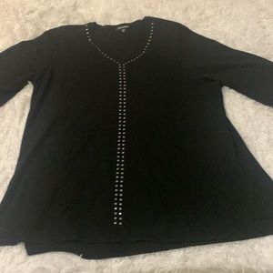 Ladies Black V Neck Sweater w/Silver Studded Detailing Sz 2X 3/4 Sleeves